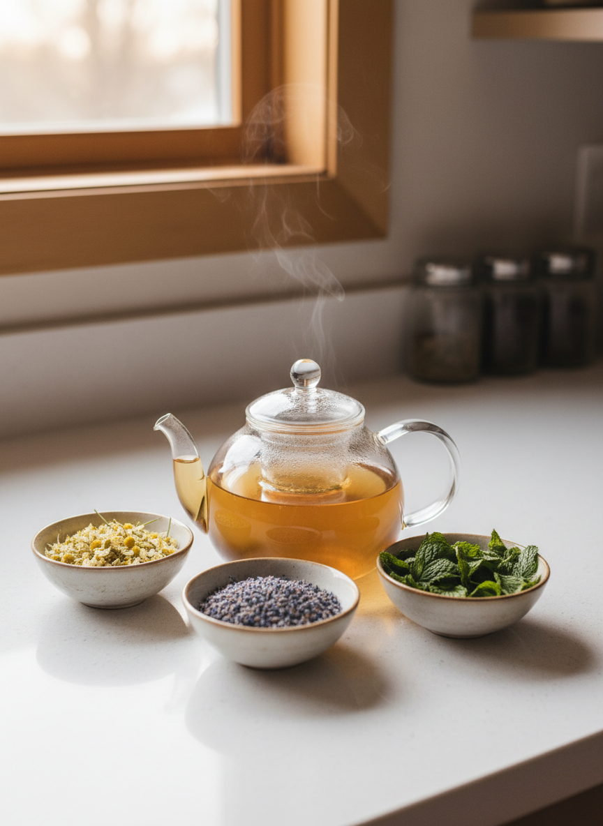 A neatly arranged herbal tea station featuring a clear glass teapot filled with amber-colored herbal infusion, delicate steam rising in thin wisps. Surrounding the teapot are small ceramic bowls of dried chamomile flowers, peppermint leaves, and lavender buds, each distinctly textured and richly colored. The setup rests on a smooth, white quartz countertop near a window framed with simple wooden trim. Diffused late afternoon light illuminates the scene, creating a serene glow and soft reflections in the glass. Shot from a slightly elevated angle with careful composition following the rule of thirds, the background shows a blurred hint of neatly organized spice jars. The atmosphere is tranquil, clean, and professional, embodying photographic realism with a holistic, natural aesthetic.